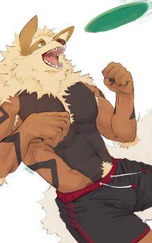 1boy abs absurdres animal_ears arcanine artist_name bara black_shorts bulge claws clenched_hand commentary dated_commentary english_commentary fangs frisbee furry furry_male gen_1_pokemon highres male_focus muscular muscular_male nintendo open_mouth pectorals pokemon pokemon_(creature) shorts sreyel tail topless_male white_background