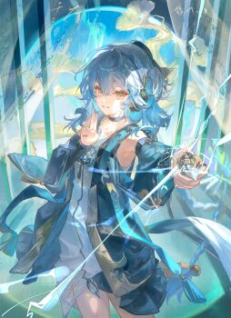 Rule 34 | 1girl, absurdres, black choker, black jacket, blinklikeer, blue hair, buling (wuthering waves), chinese commentary, choker, coin, commentary request, detached sleeves, dress, electricity, hair between eyes, hand up, headphones, highres, holding, holding coin, holed coin, jacket, kuji-in, long hair, looking at viewer, parted lips, smile, solo, white dress, wuthering waves, yellow eyes
