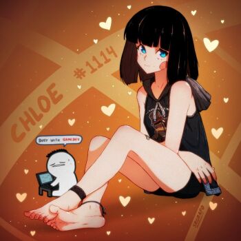 1boy 1girl anklet artist_name artist_self-insert bandaid bandaid_on_leg bare_shoulders barefoot black_hair black_shorts blue_eyes blunt_bangs blunt_ends blush_stickers breasts character_name chloe_(srgrafo) closed_mouth crossed_arms feet full_body heart hood hoodie jewelry light_smile looking_at_viewer medium_hair original short_shorts shorts sitting sleeveless sleeveless_hoodie small_breasts speech_bubble spread_toes srgrafo toes