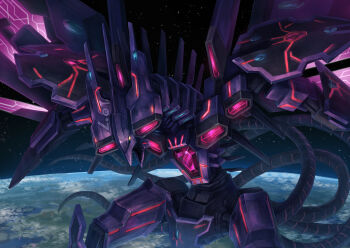 cowboy_shot deadspike_nine dragon duel_monster earth_(planet) glowing glowing_eyes highres mechanical_wings no_humans non-humanoid_robot number_107_galaxy-eyes_tachyon_dragon open_mouth planet robot robot_dragon sharp_teeth space tagme teeth wings yellow_eyes yu-gi-oh!