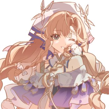 1girl animal animal_on_shoulder bare_shoulders bird bird_on_shoulder braid commentary_request highres lancaolinyin long_hair long_pointy_ears one_eye_closed orange_hair pointy_ears sigrika_(wuthering_waves) simple_background solo twin_braids upper_body white_background wuthering_waves