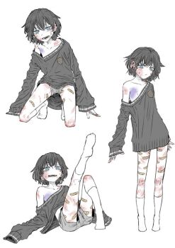 1boy :/ arms_at_sides bags_under_eyes bandaid bandaid_on_finger bandaid_on_hand bandaid_on_leg black_hair black_sweater blue_eyes bruise bruise_on_chest bruise_on_face bruise_on_knee bruise_on_leg bruise_on_shoulder closed_mouth elbow_rest emblem eonune_yeoul full_body grey_shorts hair_between_eyes highres implied_self-harm injury invisible_floor jpeg_artifacts knee_up kneeling leaning_back leg_up looking_at_viewer lying male_focus medium_hair multiple_views nervous_smile no_pupils on_back on_floor open_mouth original raised_inner_eyebrows reverse_ryona self-harm_scar short_shorts shorts simple_background single_bare_shoulder single_off_shoulder sitting sleeves_past_fingers sleeves_past_wrists small_sweatdrop smile socks standing sway_back sweater third-party_source tiptoes white_background white_socks white_trim