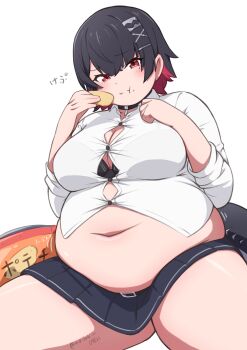 1girl absurdres belt black_bra black_hair blouse blush bra breasts button_gap chewing chips_(food) choker cleavage colored_inner_hair eating ellen_joe fat fat_woman fins fish_tail food hair_ornament hairclip highres kneeling large_breasts masakin midriff_peek mole mole_under_eye multicolored_hair navel potato_chips red_eyes red_hair shark_hair_ornament shark_tail shirt short_hair skirt solo spread_legs tail thick_thighs thighs tight_clothes underwear white_background x_hair_ornament zenless_zone_zero