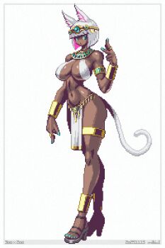 1girl ancient_egyptian animal_ears anklet aqua_eyes aqua_nails armlet blunt_bangs bob_cut bracelet breasts cat_ears cat_girl cat_tail commentary_request dark-skinned_female dark_skin full_body high_heels highres jewelry large_breasts mabius nail_polish narrow_waist navel original pelvic_curtain pixel_art short_hair simple_background tail thighlet white_background white_fur white_hair