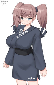 Rule 34 | 1girl, absurdres, alternate costume, atlanta (kancolle), breasts, brown hair, clothes writing, commentary request, cowboy shot, grey eyes, grey kimono, grey robe, highres, japanese clothes, kantai collection, kimono, large breasts, long hair, maru (marg0613), one-hour drawing challenge, robe, simple background, solo, twintails, white background