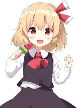Rule 34 | 1girl, :d, ascot, black skirt, black vest, blonde hair, blush, collared shirt, commentary request, cowboy shot, food, hair ribbon, hands up, highres, holding, holding food, long sleeves, looking at viewer, open mouth, popsicle, red ascot, red eyes, red ribbon, ribbon, rumia, ruu (tksymkw), shirt, short hair, simple background, skirt, skirt set, smile, solo, touhou, vest, watermelon bar, white background, white shirt