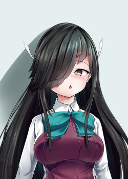 1girl alternate_breast_size_(larger) aqua_bow aqua_bowtie arms_at_sides asymmetrical_bangs black_hair blush bow bowtie brown_eyes collared_shirt commentary dress dress_shirt em_denpani hair_over_one_eye hair_ribbon halter_dress halterneck hayashimo_(kancolle) highres kantai_collection long_hair long_sleeves open_mouth red_dress ribbon shirt sideways_glance simple_background solo tight_clothes triangle_mouth upper_body very_long_hair white_shirt