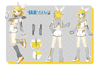 blonde_hair blue_eyes border bow bowtie character_name collared_jacket commentary cropped_jacket elbow_gloves fingerless_gloves from_behind gloves grey_leg_warmers grey_sailor_collar hair_bow hand_on_own_hip headphones highres ixima jacket kagamine_rin kagamine_rin_(nt) layered_sleeves leg_warmers looking_at_viewer midriff multiple_views navel official_art piapro_studio ponytail reference_sheet sailor_collar see-through_sleeve_layer shoes short_ponytail short_shorts shorts sleeveless sleeveless_jacket smile treble_clef vocaloid white_border white_bow white_gloves white_jacket white_shoes white_shorts wing-shaped_bow yellow_bow yellow_bowtie zipper_pull_tab