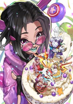 Rule 34 | 1boy, 4girls, :d, absurdres, anniversary, aqua lips, aqua nails, aqua tongue, asymmetrical gloves, balloon, black gloves, black hair, black shirt, blonde hair, blueberry, bossan 3310, bow, breasts, brown gloves, brown hair, cake, cleavage, colored skin, colored tongue, commentary, confetti, cryokinesis, detached sleeves, dress, drill hair, earrings, elbow gloves, english commentary, fantastic four, fingerless gloves, flower earrings, food, fruit, galacta, galacta (rivals' day 2025), gloves, gradient hair, green tongue, grey hair, hair bow, hair ornament, hairclip, hat, highres, holding, holding cake, holding food, holding pastry bag, horns, jacket, japanese clothes, jewelry, lolita fashion, long tongue, looking at viewer, looking up, low twintails, luna snow, luna snow (cherry delight), marvel, marvel rivals, mismatched gloves, monster boy, multicolored dress, multicolored hair, multiple girls, official alternate costume, open mouth, parted bangs, pastry bag, pink-tinted eyewear, pink dress, pink gloves, pink hair, pink jacket, ponytail, psylocke, psylocke (daring daifuku), puffy short sleeves, puffy sleeves, purple bow, purple eyes, purple horns, purple skin, red dress, round eyewear, sharp teeth, shirt, short sleeves, skirt, smile, split-color hair, star (symbol), strawberry, sue storm, sue storm (dissapearing dessert), sweet lolita, teeth, tinted eyewear, tongue, twin drills, twintails, venom (gummy surprise) (marvel), venom (marvel), very long tongue, wa lolita, white background, x-men, yellow skirt