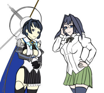 2girls :3 adjusting_eyewear black_bow black_bowtie black_eyes black_gloves black_hair black_thighhighs blue_eyes blue_hair bow bow_earrings bowtie breasts cape chain cleavage_cutout clothing_cutout cosplay costume_switch crossover detached_sleeves earrings glasses gloves green_skirt hair_intakes hakamichi_shizune halo hand_on_own_hip jewelry juliet_sleeves katawa_shoujo large_breasts long_sleeves looking_at_viewer mechanical_halo medium_breasts multiple_girls ouro_kronii ouro_kronii_(1st_costume) ouro_kronii_ch. parody puffy_sleeves rayos school_uniform semi-rimless_eyewear shirt short_hair sign_language skirt smile style_parody thighhighs trait_connection transparent_background under-rim_eyewear underboob underboob_cutout virtual_youtuber white_background white_shirt zettai_ryouiki