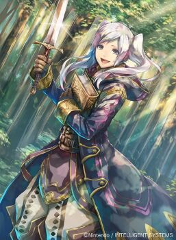 1girl :d bisaiiiii black_gloves black_robe book brown_eyes female_robin_(fire_emblem) fire_emblem fire_emblem_awakening fire_emblem_cipher forest gloves holding holding_book holding_sword holding_weapon hooded_robe hugging_book hugging_object long_hair looking_at_viewer nature nintendo open_clothes open_mouth open_robe outdoors pants robe smile solo standing swept_bangs sword tongue tree twintails weapon white_hair white_pants