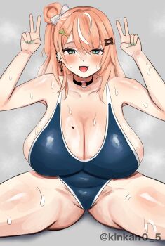 1girl absurdres arms_up black_choker blue_one-piece_swimsuit blush bow breasts cameltoe choker cleavage double_v earrings gluteal_fold green_eyes green_nails grey_background hair_bow hair_bun hair_ornament hairclip highleg highleg_one-piece_swimsuit highres huge_breasts igarashi_rika jewelry kinkan50 long_hair mole mole_on_breast multicolored_hair multiple_earrings nijisanji o-ring o-ring_choker one-piece_swimsuit open_mouth orange_hair side_bun single_hair_bun sitting smile solo spread_legs star_(symbol) star_hair_ornament sweat swimsuit thick_thighs thighs twitter_username v virtual_youtuber white_bow white_hair