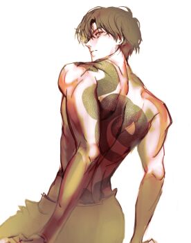 1boy black_eyes black_hair commentary cowboy_shot ellieaedon english_commentary hair_over_one_eye highres leaning_back looking_at_viewer looking_back male_focus muscular muscular_male no_shirt shadow_slave short_hair snake_tattoo solo sunny_(shadow_slave) surprised tattoo wide-eyed