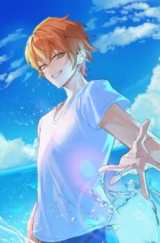 1boy absurdres arm_at_side blonde_streaks blue_pants blue_sky cloud collarbone day ear_piercing green_eyes grin hair_between_eyes hand_up hashtag-only_commentary highres looking_at_viewer luna_prsk male_focus multicolored_hair ocean orange_hair outdoors pants piercing project_sekai shinonome_akito shirt short_hair short_sleeves sidelocks sky smile solo splashing standing streaked_hair t-shirt teeth upper_body very_short_hair wading water water_drop white_shirt