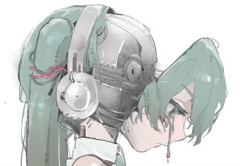 1girl absurdres android closed_mouth collared_shirt commentary_request exposed_internal_machinery expressionless from_side green_eyes green_hair hatsune_miku headphones highres le_(szs0k) mechabare profile shirt simple_background solo twintails vocaloid white_background white_shirt wire