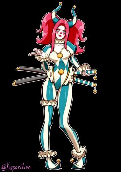 bell blue_eyes bodysuit breasts cleavage collarbone colored_skin commentary english_commentary facepaint frilled_bodysuit frilled_thigh_strap full_body harlequin highres horns jester jingle_bell juliet_sleeves kasparition long_hair long_legs long_sidelocks long_sleeves narrow_waist neck_ruff original pigeon-toed puffy_sleeves red_hair red_lips sidelocks slim_legs small_breasts smirk standing striped_clothes sword thigh_strap twitter_username weapon white_skin