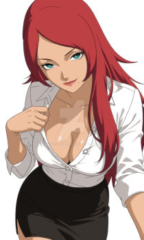 Rule 34 | 1girl, artist name, black skirt, blue eyes, breasts, cleavage, closed mouth, collarbone, collared shirt, commentary, cowboy shot, dress shirt, english commentary, fuuka (naruto), green eyes, highres, kiripetals, large breasts, leaning forward, lips, lipstick, long hair, long sleeves, looking at viewer, makeup, miniskirt, mole, mole under mouth, naruto (series), office lady, partially unbuttoned, pencil skirt, red hair, seductive smile, shirt, side slit, simple background, skirt, smile, solo, tan, tanline, unbuttoned, unbuttoned shirt, watermark, white background, white shirt