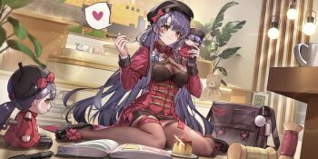 1girl absurdres black_bag black_hat black_shoes black_skirt breasts brown_eyes character_doll coat coffee_mug commentary_request cup doll eating food full_body girls&#039;_frontline girls&#039;_frontline_2:_exilium hat heart highres holding holding_doll holding_spoon indoors large_breasts lewis_(girls&#039;_frontline) lewis_(girls&#039;_frontline_2) long_hair mug on_floor pen plant potted_plant pudding purple_hair red_coat see-through_cleavage see-through_clothes shoes sitting skirt smile solo speech_bubble spoken_heart spool spoon stuffed_animal stuffed_toy table teddy_bear thighhighs thread very_long_hair wariza yolanda