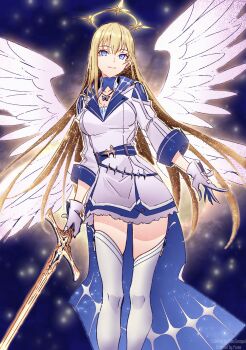 Rule 34 | 1girl, angel, angel wings, blonde hair, blue eyes, boushoku no berserk, breasts, cleavage, dress, famepeera, feathered wings, feathers, female focus, gloves, halo, highres, holding, holding sword, holding weapon, large breasts, long hair, looking at viewer, rikusempai, roxy hart, smile, solo, source request, sword, thighhighs, third-party edit, very long hair, weapon, white gloves, white legwear, white thighhighs, white wings, wings