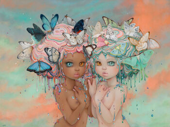 2girls aqua_eyes breasts bug butterfly camilla_d&#039;errico dark-skinned_female dark_skin dripping eyelashes fingernails heterochromia insect keyhole_lips lips liquid_hair loli luna_moth multiple_girls nipples nose nude orange_eyes original pink_lips pink_nails rosy_maple_moth small_breasts surreal thick_lips