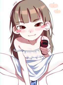1girl :3 absurdres artist_name blunt_bangs blush blush_stickers brown_eyes brown_hair child_gf_(orenji) commentary controller dress food fruit game_controller highres holding holding_controller holding_game_controller implied_masturbation improvised_dildo joy-con loli looking_at_viewer najucaju_naju object_insertion orange_(fruit) original outstretched_arm simple_background smile solo spread_legs squatting strap_slip symbol-only_commentary vaginal vaginal_object_insertion white_background white_dress