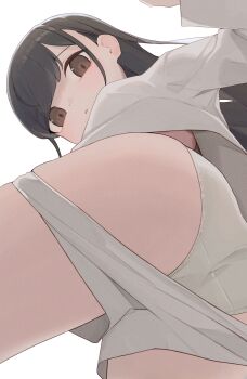 1girl ass black_hair brown_eyes clothes_pull commentary highres hiroki_(yyqw7151) long_hair long_sleeves looking_at_viewer original panties shirt shorts shorts_pull simple_background solo underwear white_background white_panties white_shirt