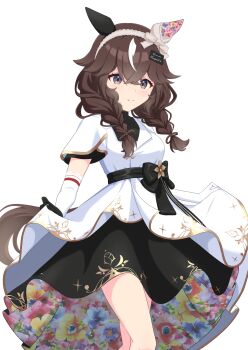 1girl animal_ears braid breasts brown_hair closed_mouth curren_bouquetd&#039;or_(umamusume) dress elbow_gloves gloves hair_ornament hairband highres horse_ears horse_girl horse_tail looking_at_viewer low_twin_braids small_breasts smile solo tail twin_braids umamusume white_background yukke_jan