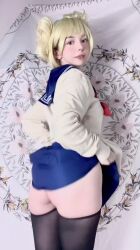 1girl ahegao animated ascot ass black_thighhighs blonde_hair blue_sailor_collar blue_skirt boku_no_hero_academia bouncing_breasts breasts clothes_lift clothes_pull cosplay female_focus flower_print grabbing_own_breast highres huge_filesize jiggle looking_at_viewer looking_back miamiaxof nipples no_bra panties petite photo_(medium) real_life red_ascot sailor_collar school_uniform serafuku shirt_lift skirt skirt_lift skirt_pull small_breasts solo standing tagme thighhighs thong toga_himiko toga_himiko_(cosplay) twintails underwear video white_panties white_serafuku