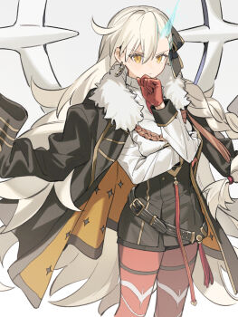 1girl belt belt_buckle black_belt black_jacket black_ribbon black_shorts braid buckle closed_mouth commentary_request cowboy_shot earrings fate/grand_order fate_(series) fur-trimmed_jacket fur_trim gloves gradient_background grey_background hair_between_eyes hair_ribbon halo halo_behind_head hand_on_own_chin hand_up highres horns jacket jacket_on_shoulders jewelry long_hair long_sleeves looking_at_viewer olga_marie_animusphere olga_marie_animusphere_(unbeast) pantyhose red_gloves red_pantyhose request_inset ribbon rizu033 shirt shorts side_braid simple_background single_horn sleeve_cuffs solo standing sweater_guard tassel translation_request translucent_horns two-sided_fabric two-sided_jacket white_background white_hair white_shirt yellow_eyes