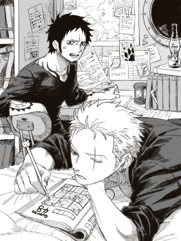 2boys 53_(kanimisomrmr) angry book bookshelf closed_mouth commentary_request earrings facial_hair goatee greyscale highres holding holding_pencil hourglass indoors jewelry male_focus map monochrome multiple_boys oil_lamp one_piece pencil roronoa_zoro scar scar_across_eye scar_on_face short_hair sitting sudoku trafalgar_law