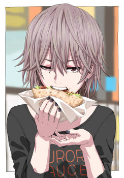 Rule 34 | 1girl, absurdres, bad id, bad pixiv id, brown eyes, doner kebab, doner sandwich, earrings, eating, eyeshadow, food, highres, holding, holding food, jewelry, light brown hair, makeup, medium hair, nail polish, original, solo, tuskryo