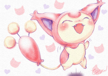 Rule 34 | absurdres, animal focus, blush, closed eyes, commentary request, fangs, full body, gen 3 pokemon, heart, highres, nintendo, no humans, open mouth, pippiran0920, pokemon, pokemon (creature), pokemon focus, signature, skitty, smile, solo