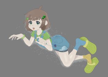 1girl absurdres blue_overalls blue_socks brown_hair commentary crocs english_commentary freckles frog_hair_ornament ghost_pose green_eyes green_shirt grey_background hair_ornament highres indie_virtual_youtuber lily_hopkins lunarleo mismatched_socks open_mouth overalls shirt socks solo virtual_youtuber yellow_socks