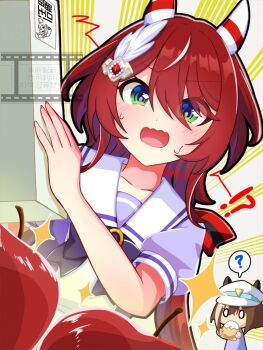 2girls ? animal_ears brown_hair cheval_grand_(umamusume) commentary_request ear_covers green_eyes hair_between_eyes hair_ornament hairclip hat horse_ears horse_girl long_hair low_twintails meineko_lui multiple_girls open_mouth red_hair spoken_question_mark twintails umamusume win_variation_(umamusume)