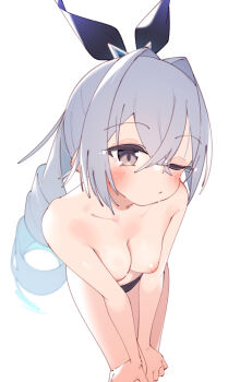 1girl black_ribbon breasts brown_eyes collarbone commentary_request grey_hair hair_ribbon highres honkai:_star_rail honkai_(series) long_hair looking_at_viewer medium_breasts nipples one_eye_closed rasusurasu ribbon silver_wolf_(honkai:_star_rail) simple_background solo topless_female white_background
