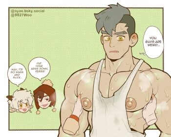 3boys all_saints_street animal_ears bara beanie brown_hair commentary damao_(all_saints_street) disembodied_hand earflap_beanie english_commentary english_text eyebrow_cut facial_hair fang fang_out goat_ears goat_horns goatee_stubble grey_hair hat highres horns ira_blood large_pectorals male_focus multiple_boys muscular muscular_male neil_bowman nipples outside_border pectorals red_eyes short_hair speech_bubble stringer stubble sweat syaoran_(0027) yaoi yellow_eyes