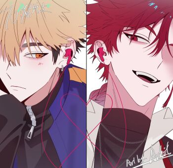 2boys artist_name artist_request black_hair black_shirt blonde_hair blue_jacket blush braid braided_ponytail chinese_commentary closed_mouth collared_shirt commentary_request earphones earrings eyebrow_piercing face_piercing hair_between_eyes hair_over_one_eye hand_on_own_chin head_rest heart highres jacket jewelry long_hair looking_at_another male_focus multicolored_hair multiple_boys necklace open_mouth orange_eyes piercing red_eyes red_hair second-party_source shared_earphones shiguang_dailiren shirt short_hair signature simple_background single_braid single_earring sleeves_past_wrists smile string string_of_fate tassel tassel_earrings turtleneck two-tone_hair undershirt white_background white_shirt xia_fei xiao_weiying zipper zipper_pull_tab