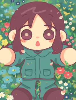 1girl absurdres black_eyes black_hair blush chibi chibi_only chito_(shoujo_shuumatsu_ryokou) coat flower grass green_coat green_pants highres hishimatope long_sleeves looking_at_viewer lying on_back open_mouth pants short_hair shoujo_shuumatsu_ryokou solo