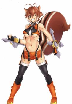 1girl animal_ears bare_shoulders blazblue boots breasts brown_eyes brown_hair fingerless_gloves gloves large_breasts makoto_nanaya microskirt one_eye_closed papurabonda123 short_hair skirt sleeveless squirrel_ears squirrel_girl squirrel_tail tail teeth thighhighs tonfa underboob weapon white_background wink