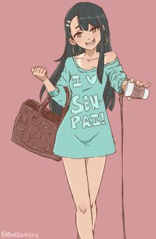 1girl aqua_dress asymmetrical_bangs bad_id bad_pixiv_id bag black_background black_hair breasts brown_bag brown_eyes clenched_hand clothes_writing collarbone commentary crossed_ankles cup disposable_coffee_cup disposable_cup dress earrings elbow_carry english_commentary english_text feet_out_of_frame gold_earrings hair_ornament hairclip handbag head_tilt highres holding holding_bag holding_cup hoop_earrings ijiranaide_nagatoro-san jewelry light_blush long_hair long_sleeves looking_at_viewer mikihaus nagatoro_hayase off_shoulder one-piece_tan open_mouth pink_background pouring raised_eyebrows reaching reaching_towards_viewer romaji_text simple_background single_bare_shoulder small_breasts smile solo spilling standing sweater sweater_dress tan tanline teasing