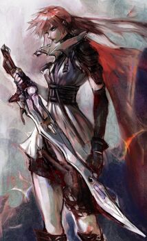 1girl absurdres black_gloves blue_eyes cape closed_mouth commentary final_fantasy final_fantasy_xiii floating_hair gloves high_collar highres holding holding_sword holding_weapon kyezzzz lightning_farron lightning_returns:_final_fantasy_xiii long_hair looking_at_viewer pink_hair red_cape solo standing sword weapon