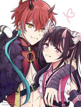 2boys animal_ear_fluff animal_ears black_hair cho_kaguya-hime! commentary_request highres horns kawashio255 komazawa_noi long_hair mikado_akira_(cho_kaguya-hime!) multicolored_hair multiple_boys pink_eyes pink_horns red_hair two-tone_hair yellow_eyes