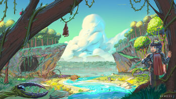 Rule 34 | 1boy, absurdres, armor, bat (animal), beard, benii21, black hair, bug, cave, cloud, facial hair, frog on head, highres, jungle, nature, outdoors, plant, plant monster, river, short cape, short hair, snatcher (terraria), terraria, tombstone, tortoise, turtle, vines