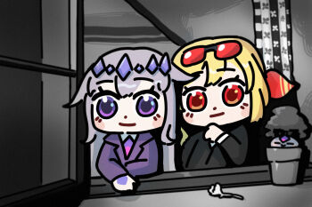 1other 2girls bing_huyue blonde_hair blush_stickers bow bowtie business_suit casablanca chibi commentary english_commentary flower formal_clothes gem_hair_ornament hair_flaps hand_jewel highres hololive hololive_english hololive_indonesia kaela_kovalskia koseki_bijou monochrome monochrome_background morocco multiple_girls necktie pebble_(koseki_bijou) plant potted_plant purple_eyes purple_hair purple_necktie red_eyes rose suit sunglasses two-tone_bow two-tone_bowtie virtual_youtuber window