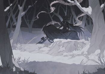 1boy armor bare_tree black_armor black_cape cape commentary_request elden_ring full_armor grass halberd helmet highres holding holding_polearm holding_weapon horse horseback_riding knight la_bo_chu_shi night night&#039;s_cavalry polearm riding snow snow_on_tree snowing solo torn_cape torn_clothes tree weapon wind