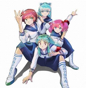 4girls arm_up armband artist_name atarashii_gakkou_no_leaders benten_(urusei_yatsura) blue_hair blue_neckerchief blue_sailor_collar blue_skirt bow closed_mouth clothes_writing commentary cone_horns dot_mouth full_body green_eyes green_hair hair_bow hand_up highres horns kneehighs leaning_to_the_side long_hair looking_at_viewer looking_to_the_side lum miz_mus multiple_girls neckerchief oni orange_eyes oyuki_(urusei_yatsura) parody pink_hair pointy_ears ponytail purple_hair ran_(urusei_yatsura) red_armband red_bow red_hair sailor_collar school_uniform serafuku shadow shoes short_hair sidelocks sideways_glance simple_background skirt socks standing translated twitter_username urusei_yatsura uwabaki white_background white_shoes white_socks
