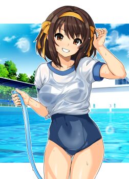 Rule 34 | 1girl, absurdres, blue one-piece swimsuit, brown eyes, brown hair, commentary request, covered navel, cowboy shot, grin, gym shirt, hairband, haruhisky, highres, hose, monochrome, name connection, old school swimsuit, one-piece swimsuit, ribbon, school swimsuit, see-through clothes, see-through shirt, shirt, short hair, smile, solo, suzumiya haruhi, suzumiya haruhi no yuuutsu, swimsuit, swimsuit under clothes, t-shirt, thigh gap, tied shirt, wet, wet clothes, wet shirt, white shirt, yellow hairband, yellow ribbon