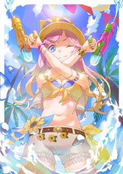 1girl absurdres anyoji_hime birthday blonde_hair blue_eyes blue_sky breasts cleavage cloud cloudy_sky commentary_request dual_wielding gradient_hair hat highres holding holding_water_gun link!_like!_love_live! long_hair looking_at_viewer love_live! medium_breasts multicolored_hair one_eye_closed pink_hair short_shorts shorts sky solo sunkeun water water_gun