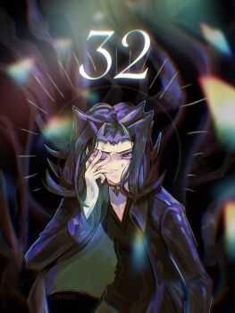 1boy black_background black_shirt blurry blurry_foreground border cerakuro coat cowboy_shot dappled_sunlight facing_viewer grey_eyes hand_on_own_cheek hand_on_own_face hand_over_eye highres injury kamishiro_ryouga leaning_forward light_particles looking_at_viewer male_focus numbered one_eye_closed open_clothes open_coat ornate_border parted_bangs purple_coat purple_hair refraction shirt sleeves_rolled_up smoke sunlight sweatdrop yu-gi-oh! yu-gi-oh!_zexal