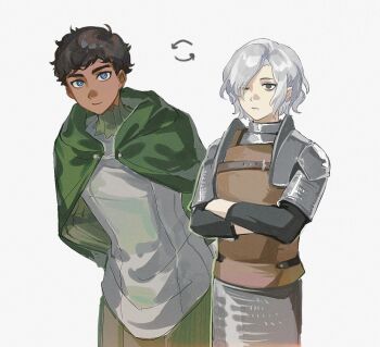 2boys armor arms_behind_back bags_under_eyes black_eyes black_hair blue_eyes chainmail cloak cosplay costume_switch crossed_arms curly_hair dark-skinned_male dark_skin dungeon_meshi elf gorget green_cloak grey_hair hood hooded_cloak kabru leather_armor long_sleeves looking_at_viewer male_focus mithrun multiple_boys notched_ear one_eye_closed pauldrons pointy_ears shirt short_hair shoulder_armor simple_background smile tunic upper_body white_background woyaoshangyangmei51518